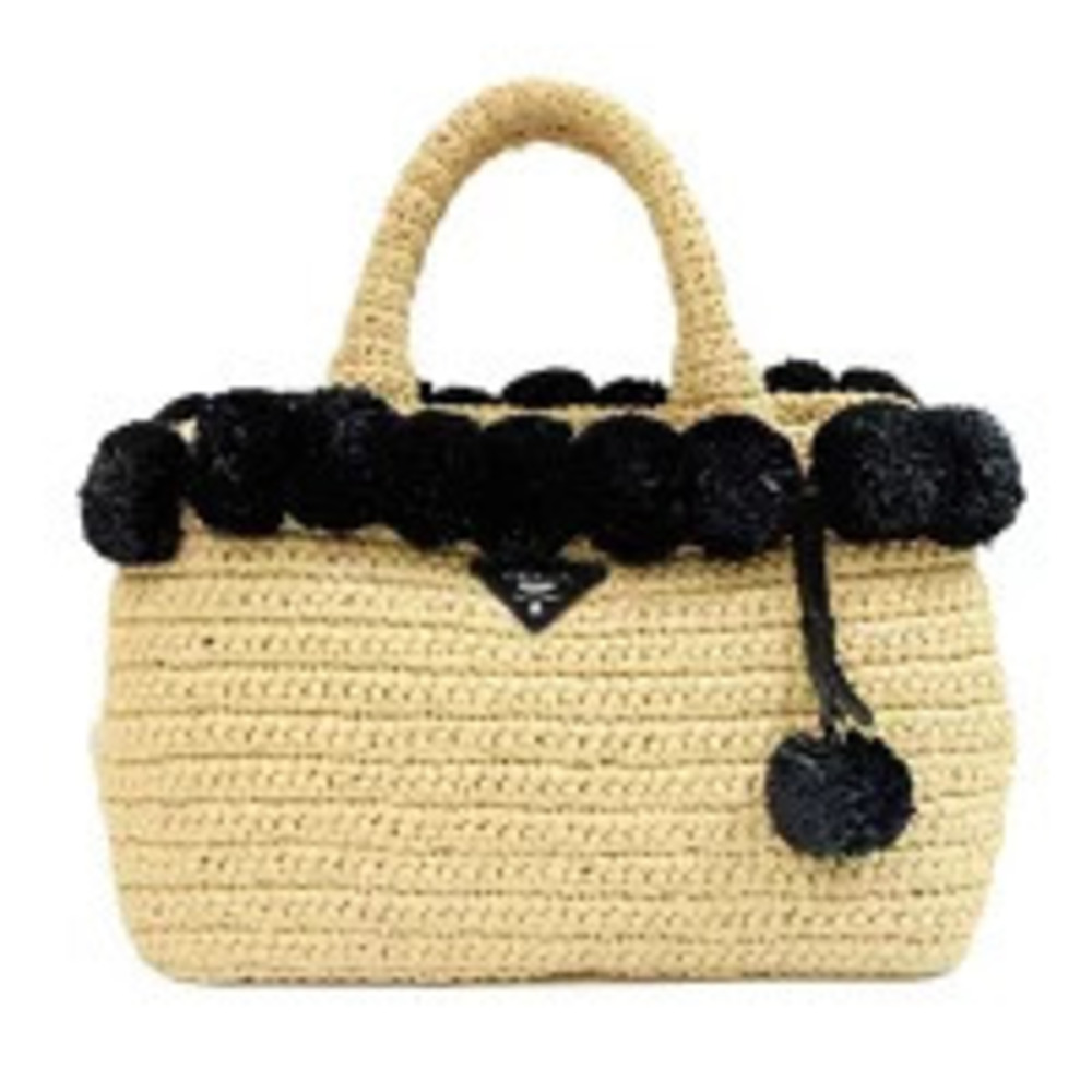 Prada Raffia Tote Bag prominent black pom pom Beige black - Picture 1 of 6